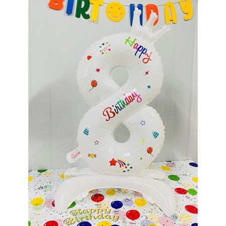 Balon din Folie Metalizata, Cyrax, Figurina Cifra, Model 8 cu Happy Birthday Scris, Tema Aniversare 81 cm, Ambalaj Individual, Pai Inclus, Umflare cu Aer sau Heliu, Alb