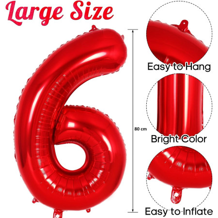 Balon din Folie Metalizata Cyrax, Figurina Cifra, Tema Aniversare 80 cm, Ambalaj Individual, Pai inclus, Umflare cu Aer sau Heliu, Rosu, Cifra 6