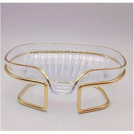 Savoniera cu Suport,  Sistem de Scurgere a Apei, Margine Aurie, 14 x 8.5 x 9 cm, din TPE, Transparent