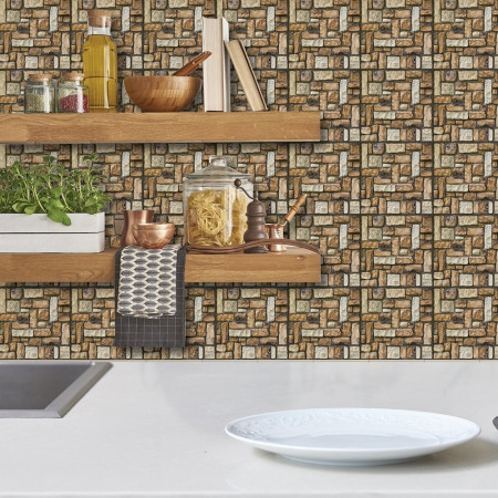 Set 10 Placi Tapet 3D,  30 x 30 cm, din PVC, Tip Piatra, Suprafata acoperita 0.9 mp, Autoadeziv, Maro