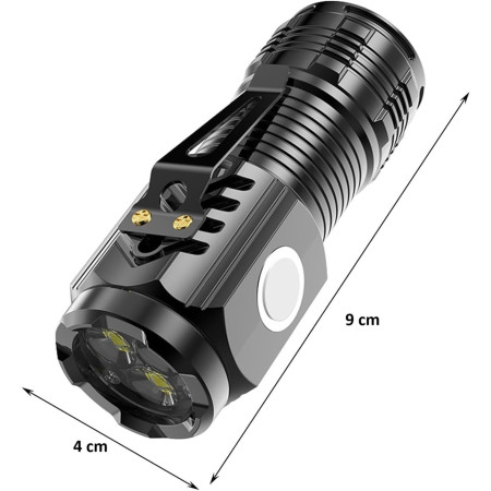 Lanterna cu 3 Nuclee Led,  Incarcare USB, Autonomie 4-20h, Raza Maxima 100-200 m, 5W, 4 x 4 x 9 cm, Suport de Agatat, Fund Magnetic, Negru