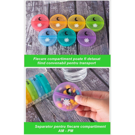 Cutie Depozitare Medicamente,  7 Zile, 14 Compartimente, Cutie Suport, Recipiente Detasabile, Portabila, Recipiente Colorate, Suport Negru, 17.5x11x9.5 cm