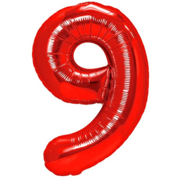 Balon din Folie Metalizata Cyrax, Figurina Cifra, Tema Aniversare 80 cm, Ambalaj Individual, Pai inclus, Umflare cu Aer sau Heliu, Rosu, Cifra 9