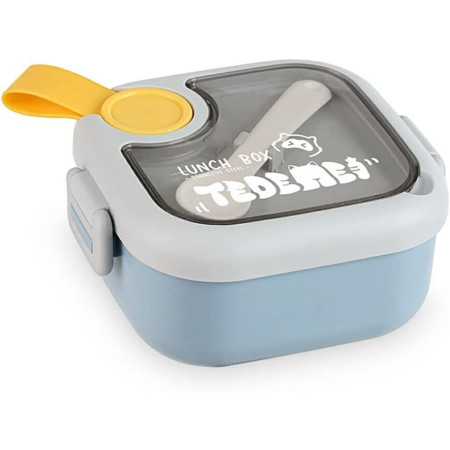 Caserola pentru copii Cyrax, lunch box, 750 ml, doua boluri, lingura, foarfeca din plastic, rezistenta la scurgeri, Albastra