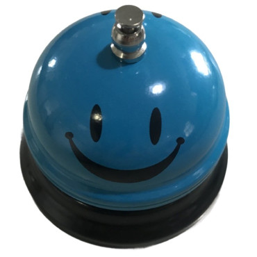 Clopotel Metalic Multifunctional, Cyrax, Albastru Deschis cu Imprimeu Smiley Face, 7.5x7.5x6.5 cm, Receptie, Restaurant