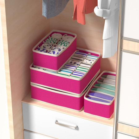 Cutie De Depozitare,  Pentru Lenjerie, Sosete Si Sutiene, Material Textil, 7 Compartimente, 32 x 32 x 10 cm, Culoare Roz