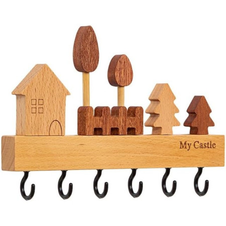 Suport pentru Chei,  din Lemn, Aplicare fara Perforare, Adeziv Inclus, 6 Carlige Negre, Model Casuta, Greutate Suportata 5 kg, 14.5 x 2 x 22.5 cm, Maro