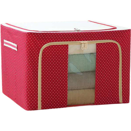 Cutie de Depozitare Pliabila,  cu Fermoar, 100 L, Textil, 60x42x40 cm, O Fereastra, Cadru Metalic, Suport Baza Stabil din Plastic, imprimeu punctat, Rosu