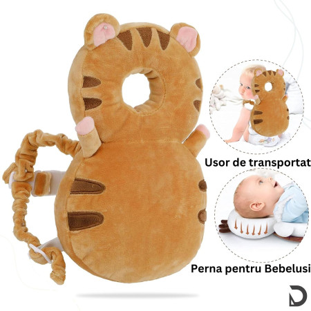 Perna tip Rucsac pentru Protectia Capului,  Tetiera tip Tigru, pentru Bebelusi, 33x6x19 cm, 180 g, Maro