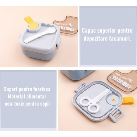 Caserola pentru copii Cyrax, lunch box, 750 ml, doua boluri, lingura, foarfeca din plastic, rezistenta la scurgeri, Albastra