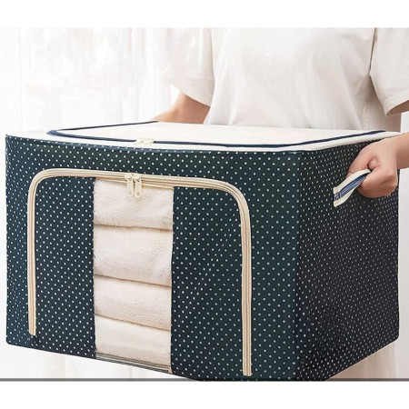 Cutie de Depozitare Pliabila,  Cu Fermoar, 66 L, Textil, 50 x 40 x 33 cm, Cadru Metalic, Suport Baza Stabil din Plastic, Imprimeu Buline, Albastru Marin