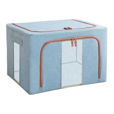 Cutie de Depozitare Pliabila,  66 L, din Bumbac si In, 50x40x33 cm, 2 Ferestre, Frontala si Laterala, 2 Usi de Acces cu Fermoar Bidirectional, Cadru Metalic, Suport Baza Stabil din Plastic, Bleu