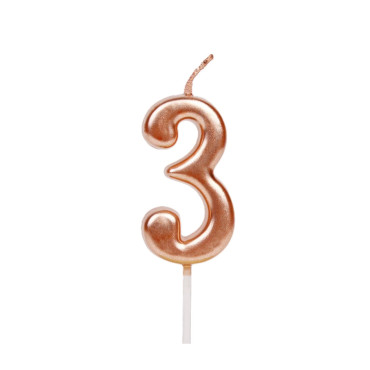 Lumanare de Tort, Cyrax, Model Cifra 3, Party, 4.5 x 2.5 cm, din Parafina, Rose Gold