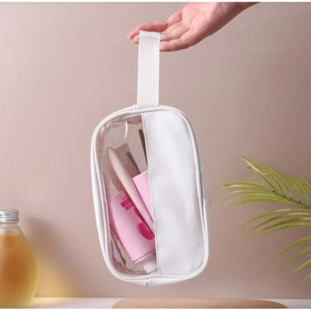 Geanta cosmetice Cyrax, pentru voiaj sau organizare, material PVC/textil, impermeabila, portabila, 22 x 12 x 8 cm, alb