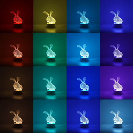 Lampa LED decorativa,  3D, Iepure, cu USB si baterii, 20 cm inaltime, din material acril, lumina multicolora si telecomanda inclusa, alb