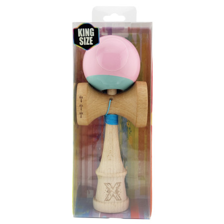Kendama X Originala, Profesionala, Cyrax, Big Cups V2, Super Sticky cu Cupe Mari, Rulment Metalic, din lemn 18 cm, Ata 55 cm, Roz/Verde