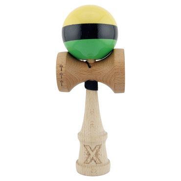 Kendama X Originala, Profesionala, Cyrax, Big Cups V2, Super Sticky cu Cupe Mari, Rulment Metalic, din lemn 18 cm, Ata 55 cm, Galben/Negru/Verde