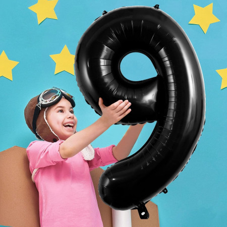 Balon din Folie Metalizata, Cyrax, Figurina Cifra, Tema Aniversare 100 cm, Ambalaj Individual, Pai inclus, Umflare cu Aer sau Heliu, Negru, Cifra 9