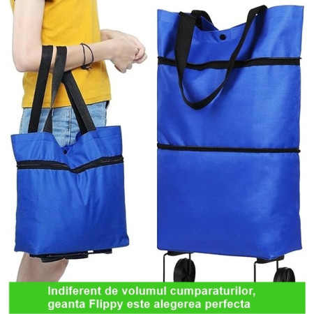 Geanta Pliabila,  2 in 1, Carucior cu Roti, pentru Cumparaturi, 19 l, Albastru, Plastic, 39 x 46 x 12 cm