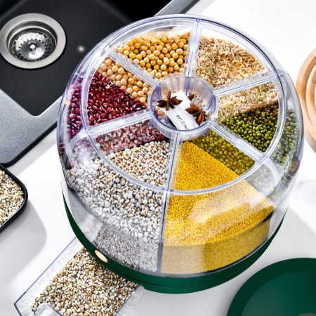 Dozator de cereale Cyrax, rotativ 360, 6 compartimente, capacitate 3 L, rezistent la umezeala, inchidere etansa, verde inchis