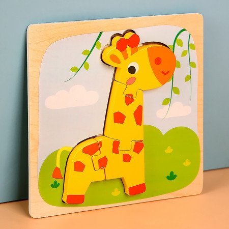 Puzzle Montessori din Lemn pentru Copii, Cyrax, 3D, 0-3 Ani, Model Girafa, Educativ, Intuitiv, Creativ, 4 Piese, 15x15x0.5 cm, Multicolor