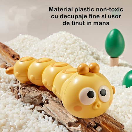 Jucarie mecanica pentru copii Cyrax, omida haioasa, material ABS, cu cheita, distractiva, se taraste, se misca, 15 x 4 cm, galben