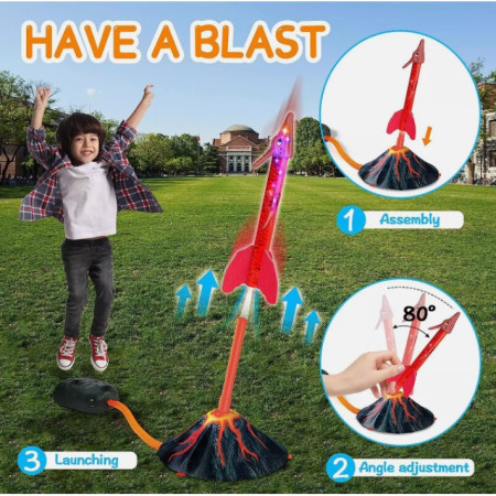 Jucarie pentru Copii, Cyrax, Lansator de Rachete cu Piciorul, un Singur Lansator, 3 Rachete Donozauri cu Lumini, 30 cm Inaltime, Model Vulcan, Multicolor