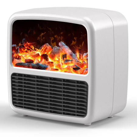 Mini Aeroterma Portabila,  Display LCD, Flacara Tip Semineu, 1500W, 2 Trepte, Oprire Automata, 22 x 22 x 15 cm, Alb