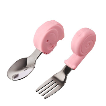 Set Tacamuri pentru Bebelusi, Cyrax, Lingura si Furculita, Inox/Silicon, 1- 3 Ani, Model cu Animale, Multicolor
