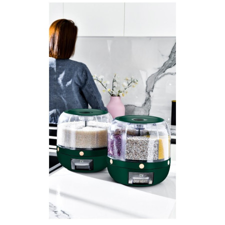 Dozator de cereale Cyrax, rotativ 360, 6 compartimente, capacitate 3 L, rezistent la umezeala, inchidere etansa, verde inchis