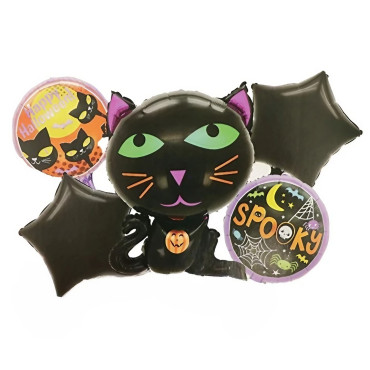 Set 5 Baloane din Folie Metalizata, Cyrax, Figurine, Tema Halloween, Pai Inclus, Ambalaj Individual, Umflare cu Aer sau Heliu, Figurina Pisica 65x49 cm, Stelute si Cerculete 45 cm, Negru