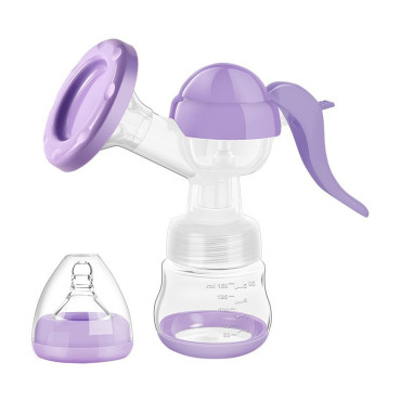 Pompa de San Manuala Multifunctionala, Cyrax, Portabila, cu Tetina pentru Biberon, Anti-Scurgere, Anti-Reflux, 17x18 cm, 150 mL, Silicon, Recipient Transparent, Mov