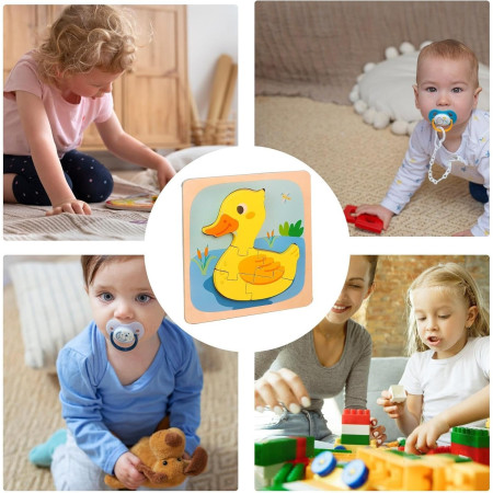 Puzzle Montessori din Lemn pentru Copii, Cyrax, 3D, 0-3 Ani, Model Ratusca, Educativ, Intuitiv, Creativ, 5 Piese, 15x15x0.5 cm, Multicolor