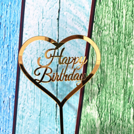 Decoratiune Topper pentru Tort, Cyrax, Model Inimioara Scris Happy Birthday, Tematica Aniversare, Auriu