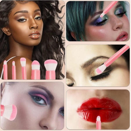 Set 5 Mini Pensule de Machiaj, Cyrax, Portabile, in Carcasa cu Oglinda, din Par Sintetic Moale, Roz, 12x7x2.5 cm