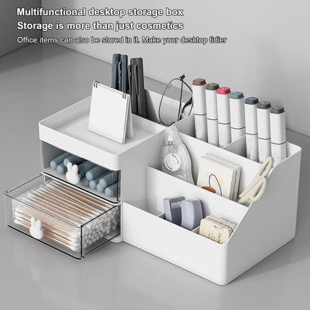 Cutie de Depozitare pentru Birou,  Pentru Makeup, Papetarie, Organizator Cosmetice, 2 Sertare si Compartimente Multiple, Model Iepuras, Plastic, 27.5x15.5x12 cm, Alb