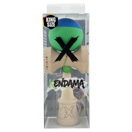 Kendama X Originala, Profesionala, Cyrax, Rubber Grip, Cupe Mari KING SIZE V3, Gaura in Baza, Rulment Metalic, din lemn 18 cm, Ata 62/65 cm, Bicolor Albastru/Verde