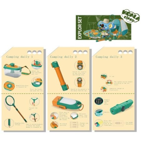 Cyrax Set camping micutul explorator pentru exterior, 3 accesorii vestimentare, 9 ustensile de joaca, 8 carti educative cu insecte, +3 ani, multicolor