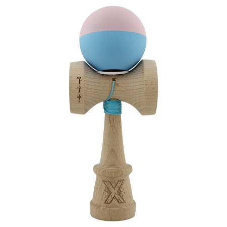 Kendama X Originala, Profesionala, Cyrax, Rubber Grip, Cupe Mari KING SIZE V3, Gaura in Baza, Rulment Metalic, din lemn 18 cm, Ata 62/65 cm, Bicolor Roz/Bleu