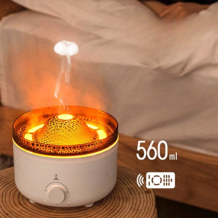 Umidificator de tip vulcan,  cu aromaterapie, cu telecomanda, 560 ml, model V21A, alb