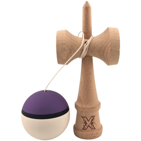 Kendama X Originala, Profesionala, Cyrax, din Lemn, Rubber Grip, 18 cm, Mov/Negru/Alb