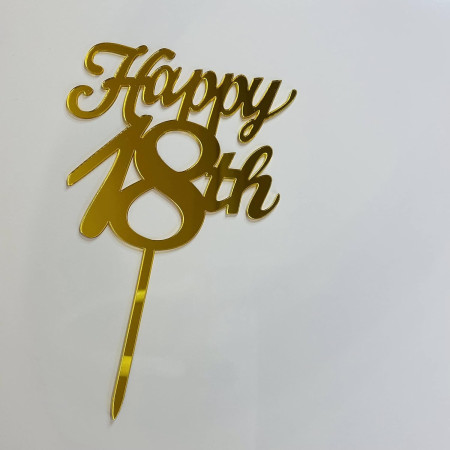Decoratiune Topper pentru Tort, Cyrax, Model Happy18th, Dimensiuni 10 cm, Tematica Majorat, Auriu