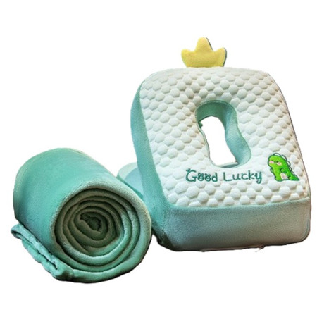 Set 2in1 Patura Microfibra si Perna din Spuma,  pentru Birou, Calatorii, Pauze, Model Dinozaur, Microfibra, 1x1.7 m, 30x35x30 cm, Verde