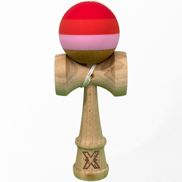 Kendama X Originala, Profesionala, Cyrax, din Lemn, 18 cm, Rubber Grip, Rosu inchis/Rosu/Alb