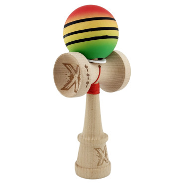 Kendama X Originala, Profesionala, Cyrax, Rubber Grip, Cupe Mari KING SIZE V3, Gaura in Baza, Rulment Metalic, din lemn 18 cm, Ata 62/65 cm, Special Rosu/Galben/Verde