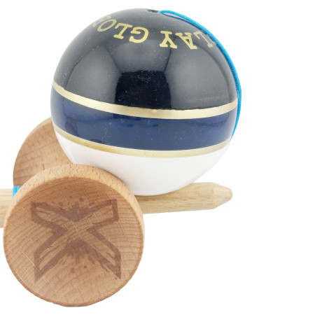 Kendama X ROYAL SPIKE Originala, Profesionala, Cyrax, Big Cups V2, Super Sticky cu Cupe Mari, Rulment Metalic, din lemn 18 cm, Ata 55 cm, Negru/Dark Blue Gold/Alb