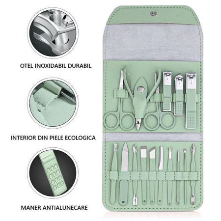 Set 16 Piese de Ingrijire Cosmetica, Cyrax, pentru Manichiura, Pedichiura, Fata, Geanta Organizatoare din Piele Ecologica Inclusa, Verde