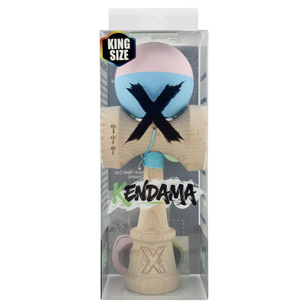 Kendama X Originala, Profesionala, Cyrax, Rubber Grip, Cupe Mari KING SIZE V3, Gaura in Baza, Rulment Metalic, din lemn 18 cm, Ata 62/65 cm, Bicolor Roz/Bleu