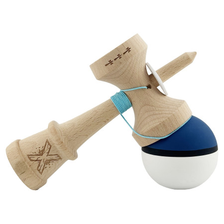Kendama X Originala, Profesionala, Cyrax, Cupe Mari KING SIZE V3, Rubber Grip, Gaura in Baza, Rulment Metalic, din lemn 18 cm, Ata 62/65 cm, S Bicolor Albastru inchis/Alb