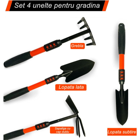Set 4 Unelte de Gradina  Maner extensibil, pentru Plantare Prelucrare Sol si Ingrijire Plante, Material otel carbon, negru